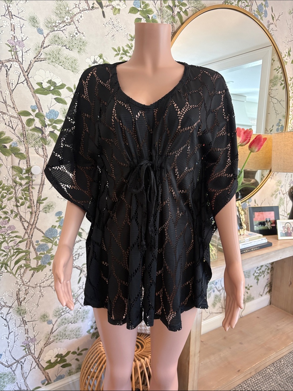 Sheer Black Lace Swim Cover-Up with Drawstring